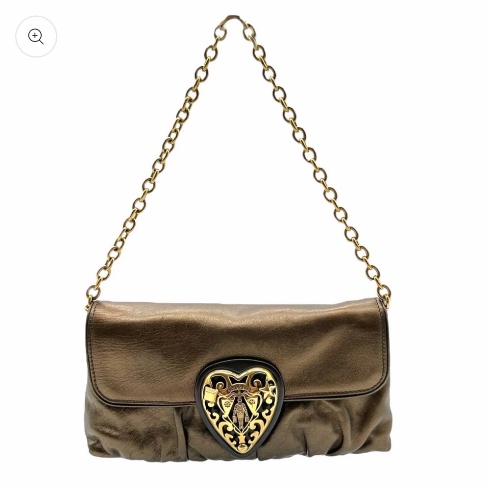 AUTH Rare Gucci Vintage Y2K Metallic Leather F/W 2008 Babouska Heart Gold Chain
